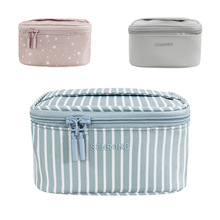 定制条纹化妆包便携外出小型灯芯绒带镜子收纳包pu皮帆布洗漱包女