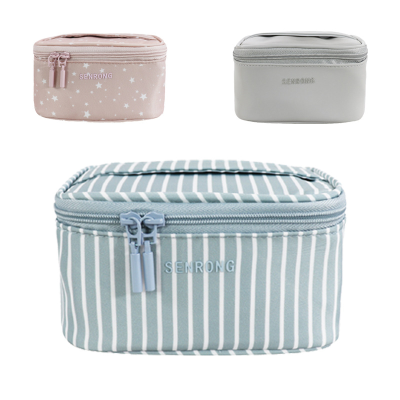 Customized Striped Printed Cosmetic Bag, Portable Travel Bag with Mirror, Pu Leather Canvas Toiletry Bag, Hair Dryer Storage Bag for Women