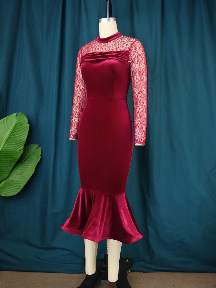 Women's Clothing lace stitching cross border plus size dress elegant high waist evening dress fishtail skirt dresses_voghion.com