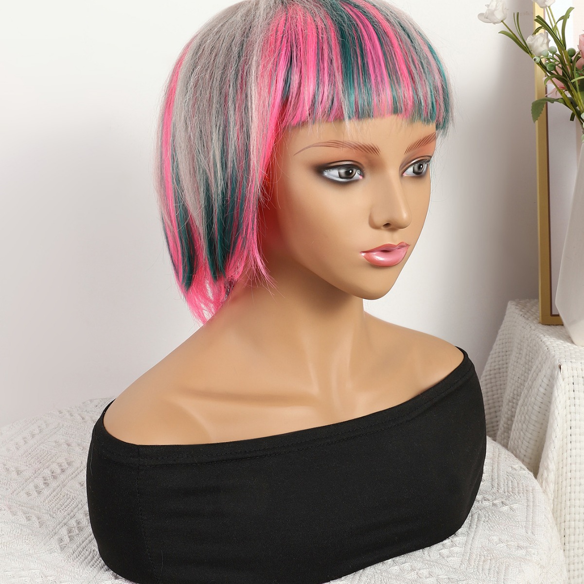 Transfronterizo nuevo gris rosa mezcla gradiente largo recto 12 pulgadas sin encaje pelo recto europeo y brasileño peluca