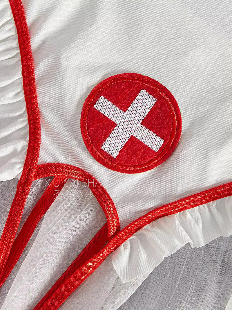 Nurse Role-Play Costume Set with Open Jumpsuit, Headpiece and Black Stockings — detail image 22