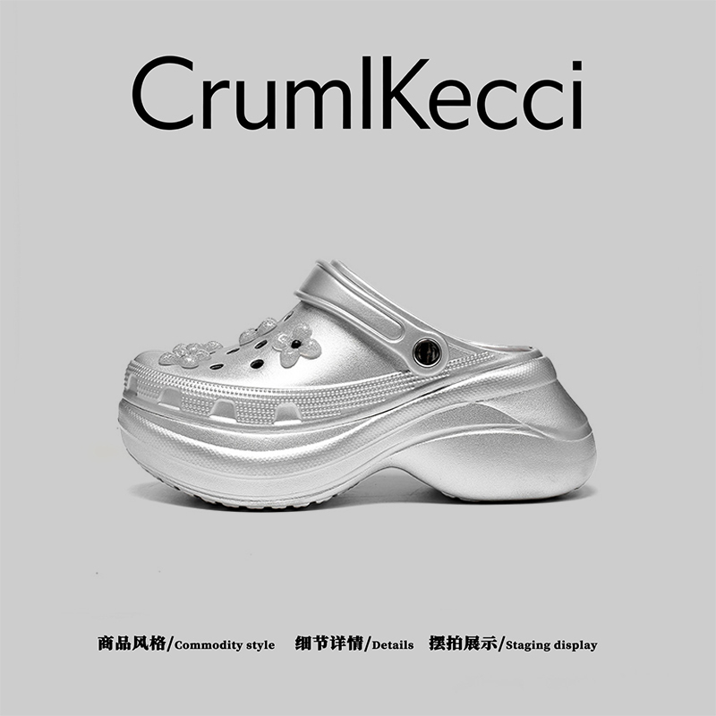 American Cruml&Kecci~Silver Thick-Soled Little Whale Clogs for Women, Summer Non-Slip Closed-Toe Beach Sandals, Trendy