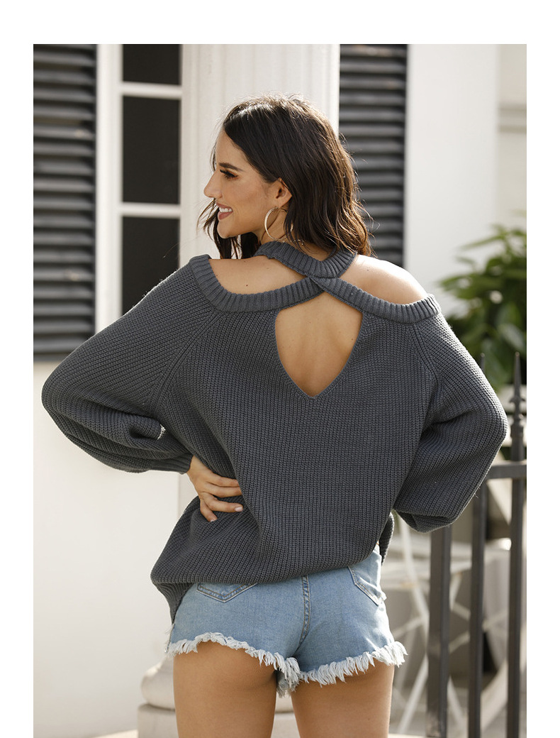 back hollow halter neck off-the-shoulder knitted sweater NSMMY138117