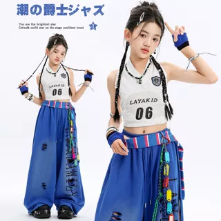 女童爵士舞演出服时尚套装炸街挂脖短款上衣蓝破洞长裤表演服jazz