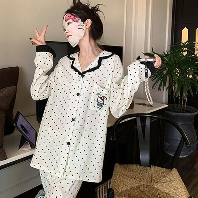 Nuevo pijama de gatito de lunares dulces para mujer primavera y otoño lindo traje de manga larga de encaje para niña