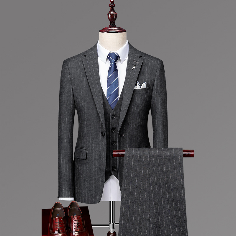 Suit a suit men's three-piece Korean version of the slim business dress casual striped small suit groom wedding dress