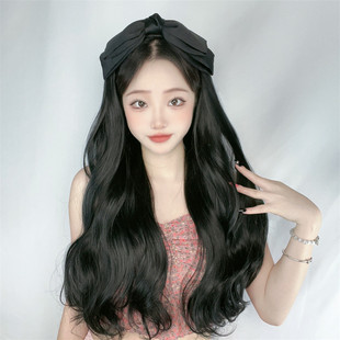 Hair band wig simulation human hair big wave half head cover net red with bow long hair wig factory in stock