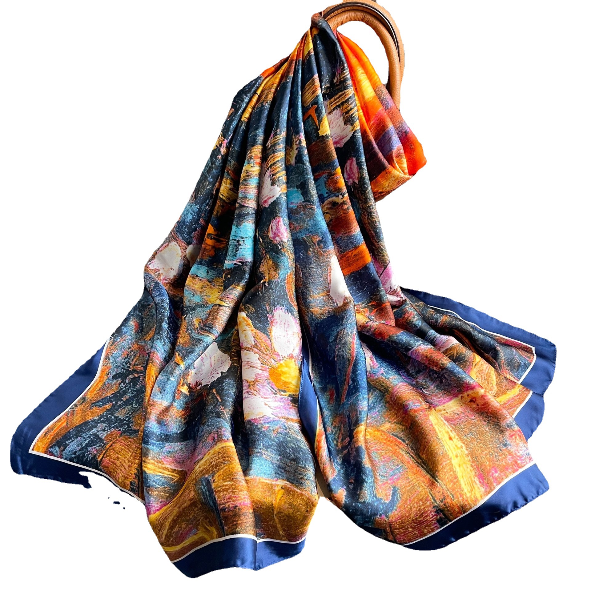 Nuevo estilo de pintura al óleo nuevo Satén de seda bufanda larga al aire libre de doble uso chal viajes vacaciones playa toalla bufanda de seda artificial