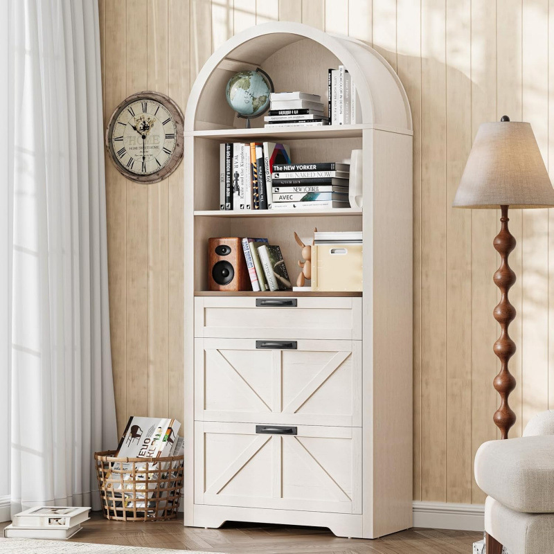 American-style arched floor-standing bookcase with four open shelves, barn door, and drawers for home use in the living room or study