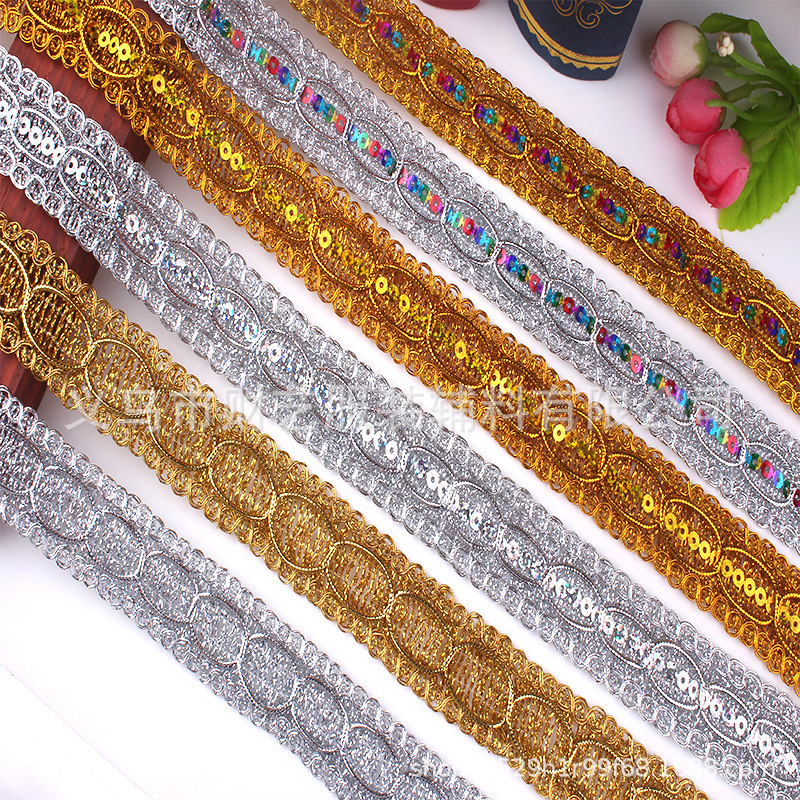 Manufacturer Wholesale Gold and Silver Lace Gold Thread Curtains Colorful Lace Clothing Accessories Ready-Made Sequined Gold Lace