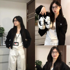 黑色早秋外套韩系氛围感穿搭女2025新款卫衣美式短上衣小个子开衫