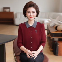 2025妈妈装100%纯羊毛衫翻领打底衫中老年女新款针织衫全羊毛衣