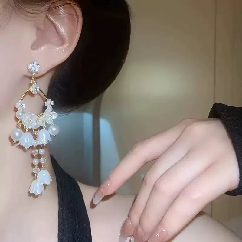 长款超仙花朵流苏耳环轻奢高级感耳针耳坠女小众设计时尚耳饰品女