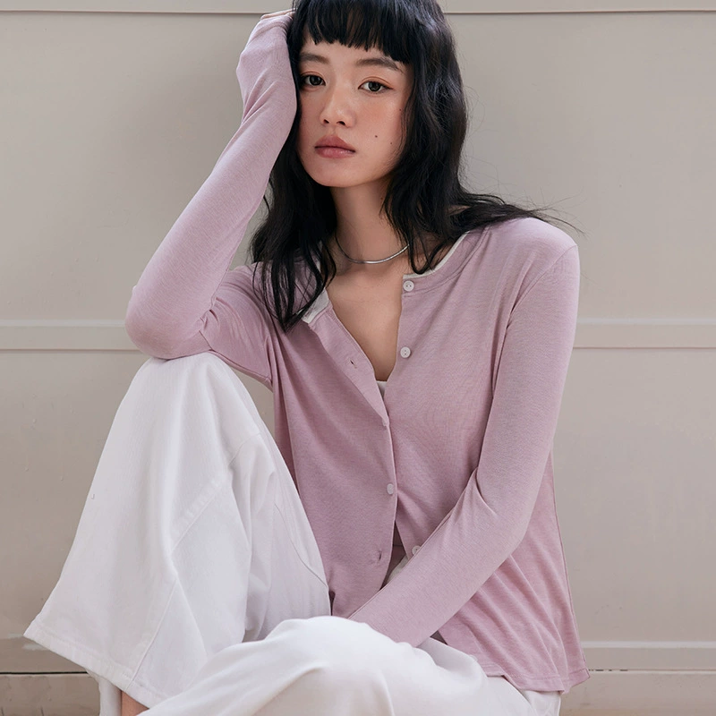 Весенне-летняя шерстяная рубашка Tencel на пуговицах, женский новый универсальный кардиган из лиоцелла, тонкий топ с длинными рукавами, трикотаж