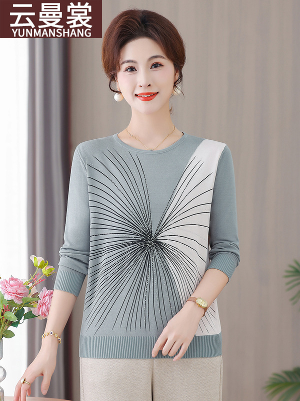 中老年秋季女装针织宽松时尚长袖中老年女装拼色圆领洋气长袖打底|undefined