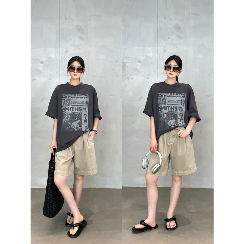 Nanyu 100% Cotton Vintage Print Boyfriend Style American Round Neck Short Sleeve T-Shirt for Women Summer Loose Oversized Top