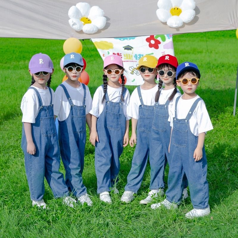 Children's Day performance costume, kindergarten class uniform, colorful T-shirt, candy-colored denim overalls, cheerleading photo set