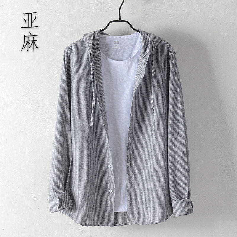 Autumn Men's Linen Long-Sleeve Shirt Japanese Style Artistic Cotton-Linen Top Loose Hooded Striped Shirt Jacket Trendy