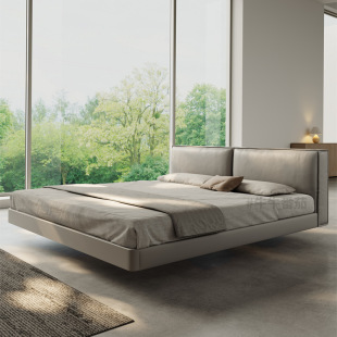 Full Genuine Leather Bedside Layer Cowhide Full Green Leather Bonaldo ‌ Tofu Block Italian Minimalist齐边 Suspended Leather Bed