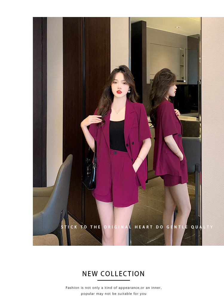 【中国直邮】HEY+JEANS 夏季新款气质短袖西装外套+高腰短裤两件套 玫红色 S
