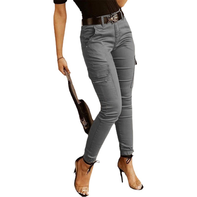 Amazon's New Pocket Cargo Pants, Cross-Border European and American Women's Fashion, Low-Waist, Buttoned, Solid Color, Pocketed, Slim Fit
