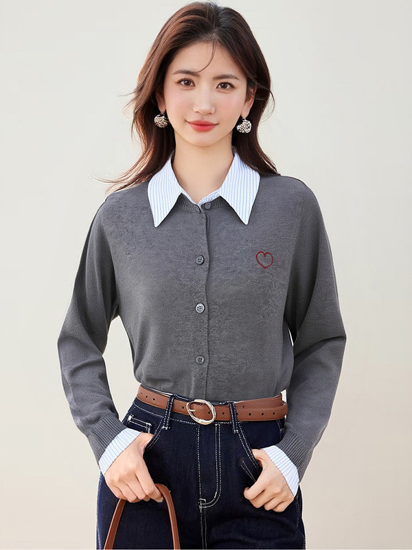 2025秋冬新款复古翻领条纹衬衣拼接毛针织衫女小香风休闲叠穿上衣|undefined