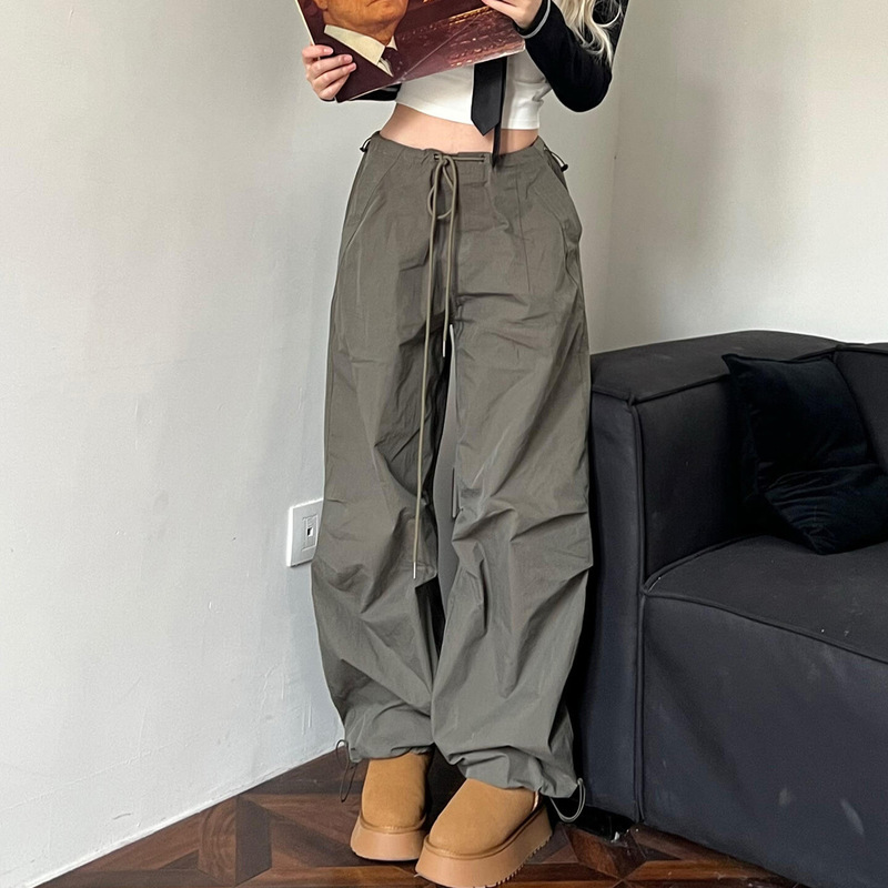 American-Style Gray-Green Parachute Cargo Pants for Women, New Spring High-Waisted Loose Slimming Street Casual Straight-Leg Sports Pants