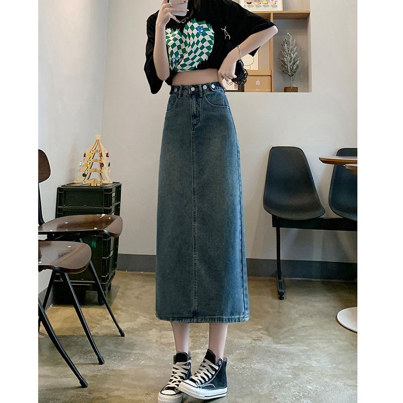 Retro Blue Slit Denim Skirt for Women Spring & Fall New High Waist Covering the Crotch and Slimming Look Mid-Length A-Line Hip Skirt Retro Blue Slit Denim Skirt for Women Spring & Fall New High Waist Covering the Crotch and Slimming Look Mid-Length A-Line Hip Skirt