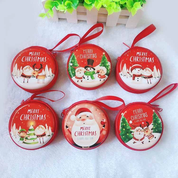 Round tinplate coin purse, zipper with chain, cartoon print, compact 7×7×3 cm