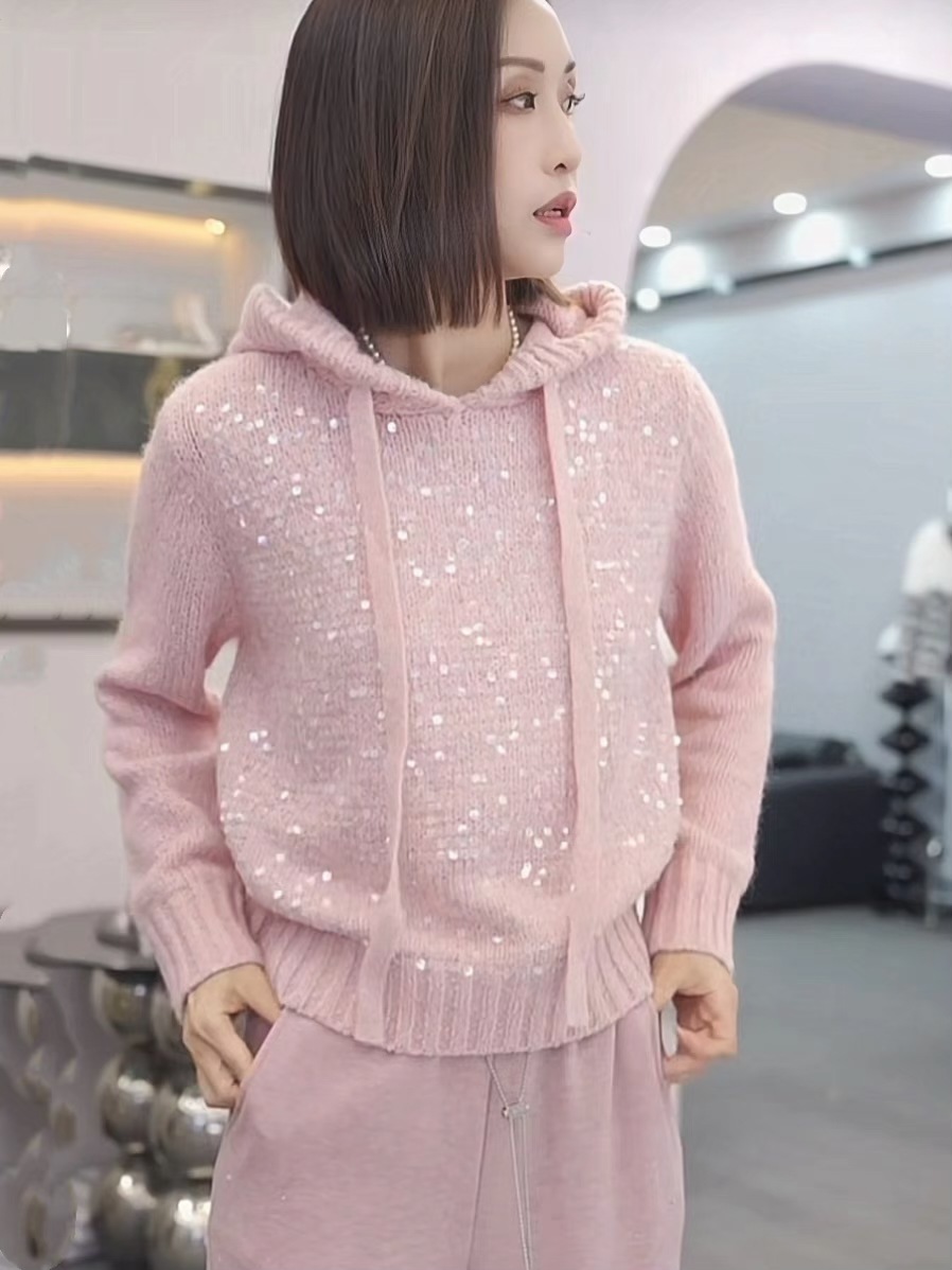 Women's Clothing light luxury sequined hooded sweater autumn and winter high end temperament versatile warm long sleeved knitted sweater women's trend_voghion.com
