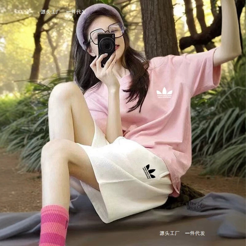 Sports Clover Pure Cotton Short-Sleeved T-Shirt for Women Summer Loose Large Size Running Fitness Sports Suit for Women Two-Piece Set
