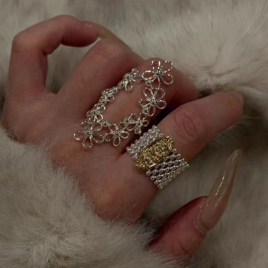 Two-Piece Set|Palace-Style Classical Lace Mesh Silver For Women, Exaggerated Twisted Floral Index Finger Ring_voghion.com