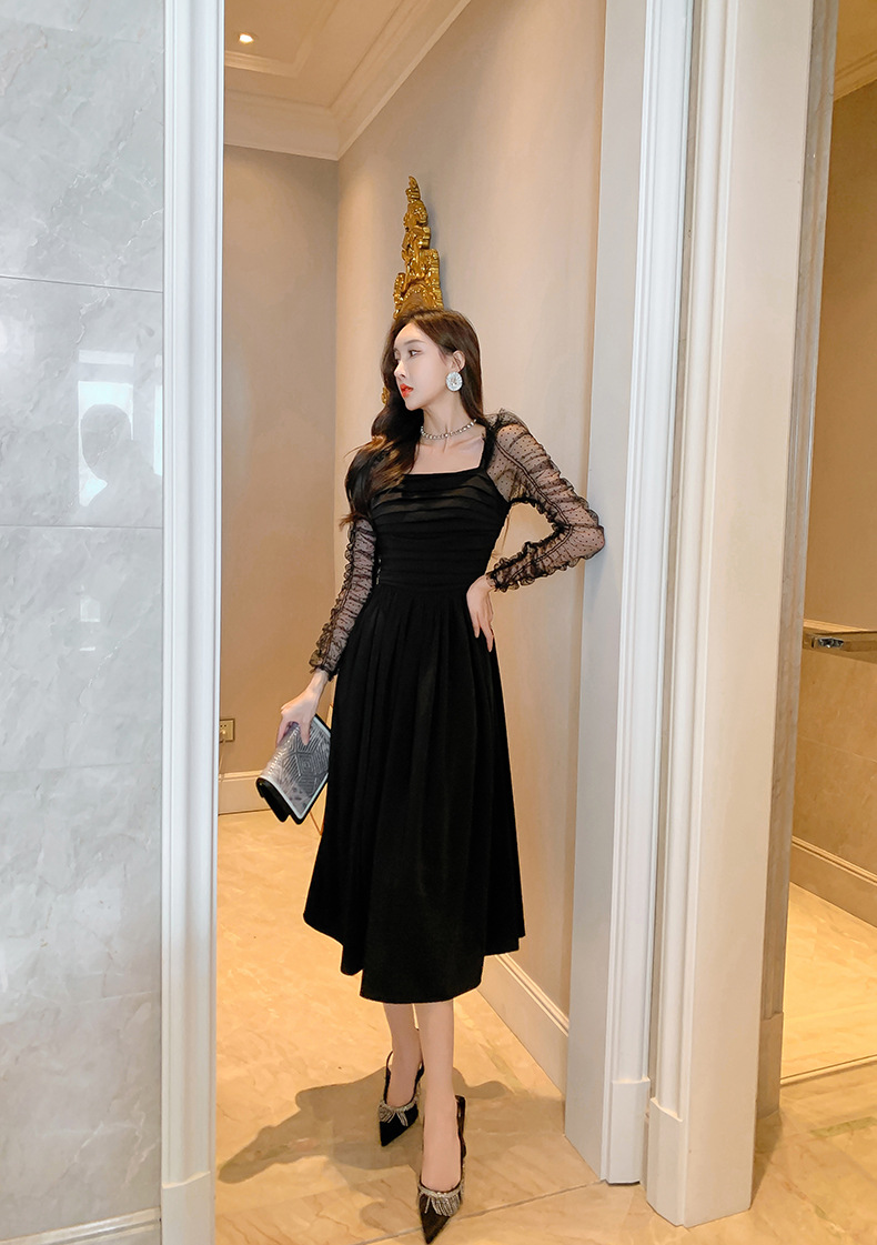Váy đen ngắn kiểu Hepburn phối lưới tay bồng cổ vuông eo xếp ly — Màu đen chi tiết 15