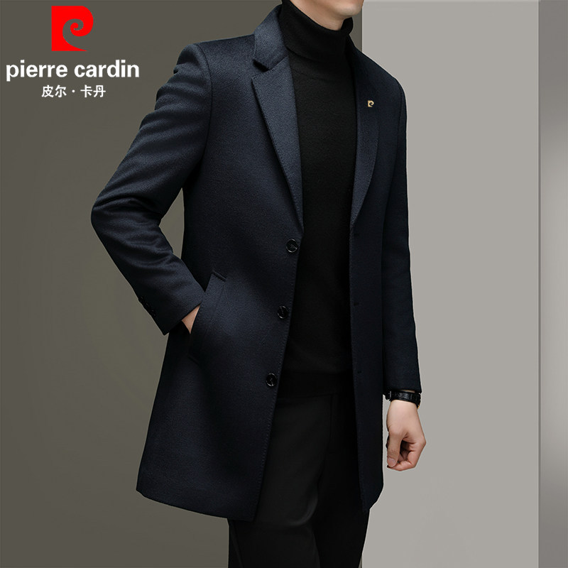 Pierre Cardin Autumn/Winter Solid Color Cashmere Overcoat for Men, Mid-Length Suit, Business Men's Trench Coat, Wool Coat