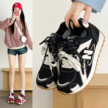 复古百搭阿甘德训鞋女秋真皮内增高网面透气软底双鞋带老爹鞋