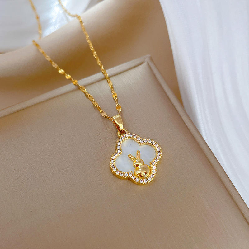 Fashion Rabbit Stainless Steel Copper Inlay Artificial Gemstones Pendant Necklace 1 Piece