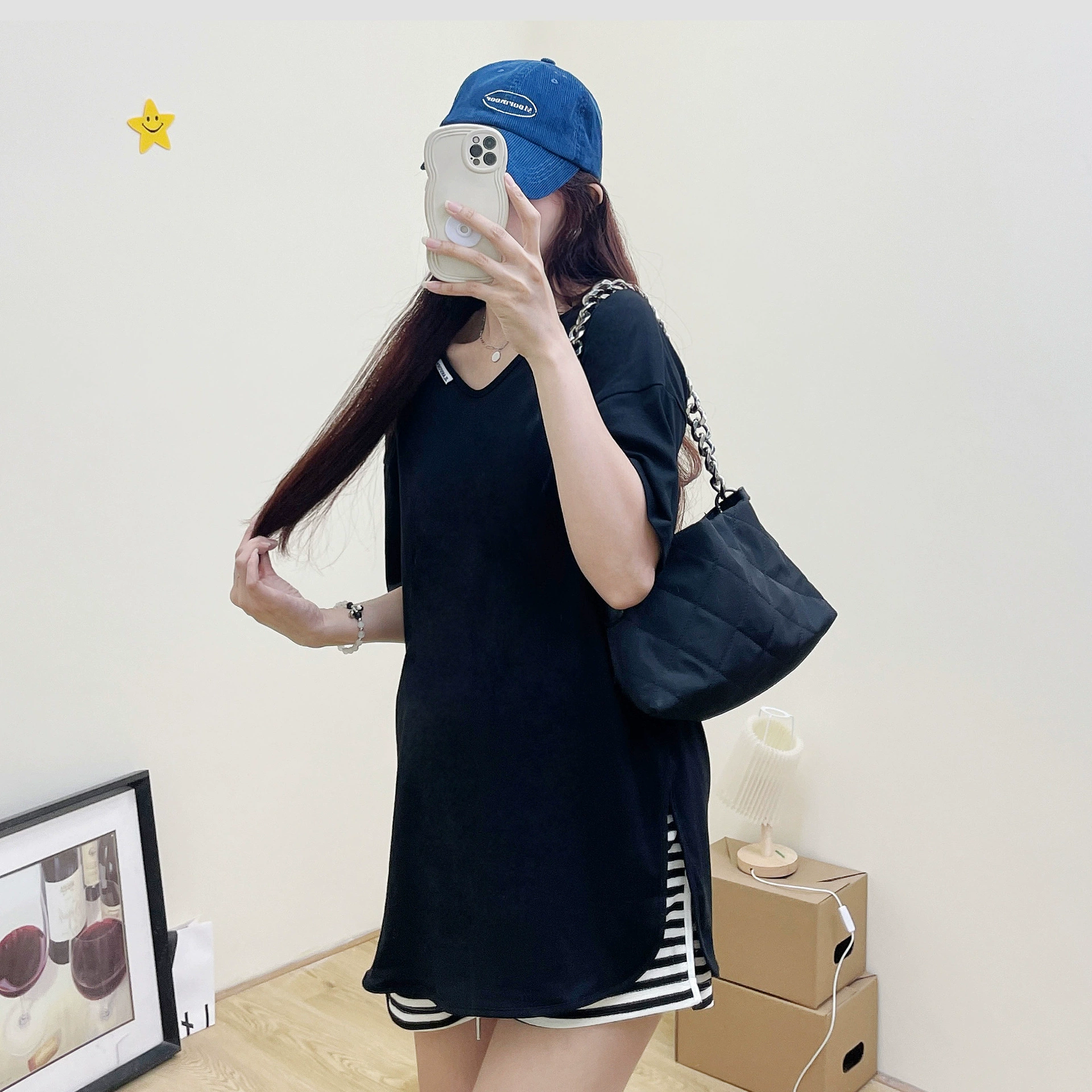 Сьюхю Мэй Summer fashionable long T-shirt for pregnant for leisure, Korean style, V-neckline, oversize, mid-length