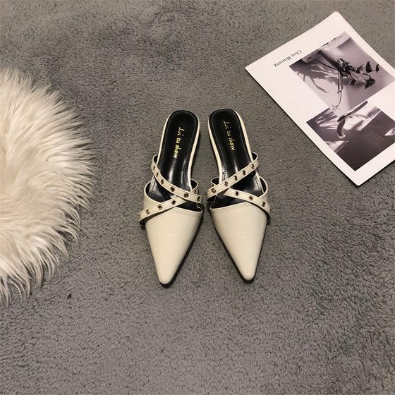 2024 spring and summer new low heel flat heel fashion closed toe slippers women's outer wear internet celebrity half slippers women's shoes pointed toe