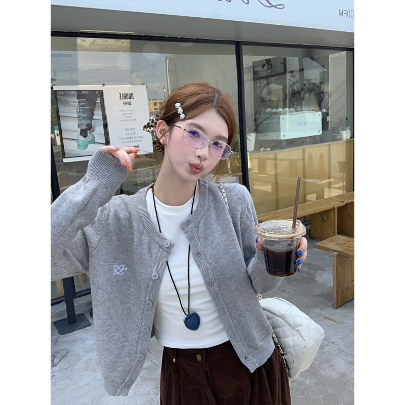 红色开衫女针织外套秋冬新款刺绣短款修身薄款春秋上衣|undefined