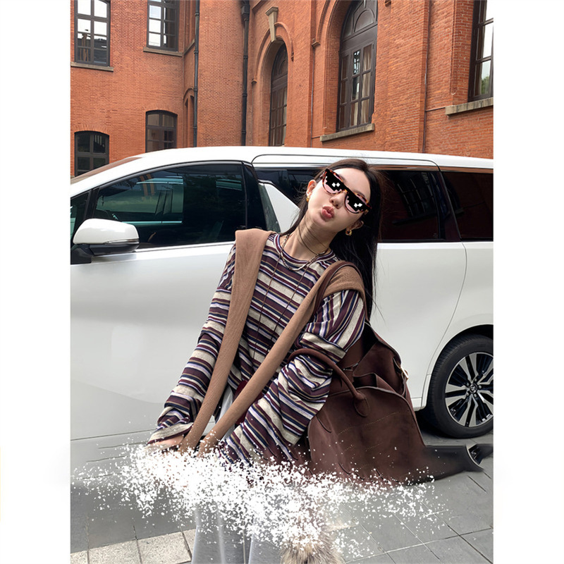 Ouyang Striped Knitted Long Sleeve T-Shirt for Women, Summer Round Neck Base Shirt, Loose Retro Lazy Top