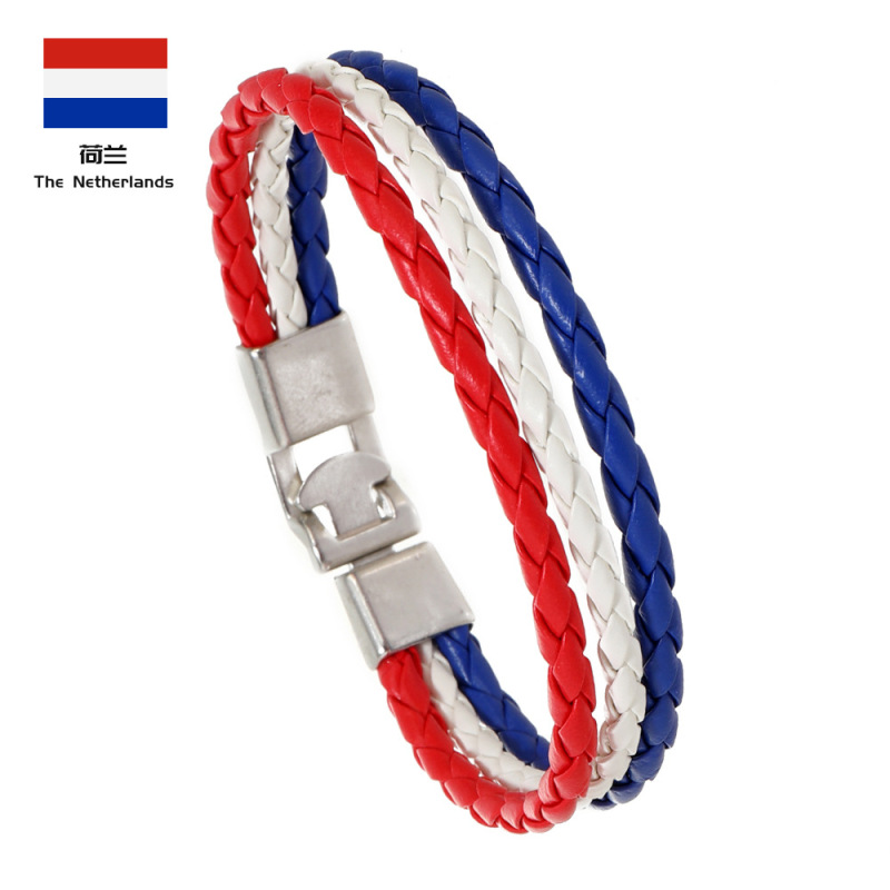 Cross-border foreign trade new woven flag color leather bracelet PU imitation cowhide bracelet World Cup simple men's bracelet