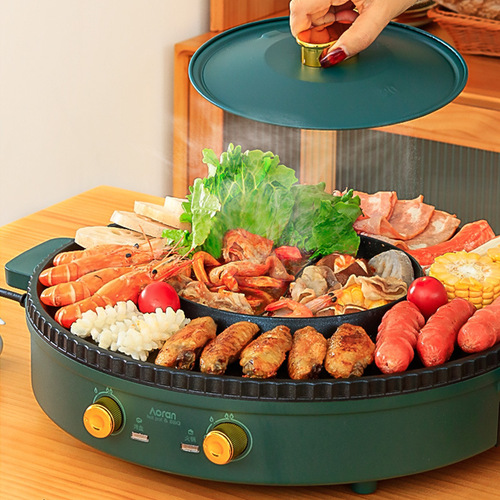 Multifunctional shabu-shabu all-in-one pot non-stick household electric hot pot electric cooking pot barbecue mandarin duck pot manufacturer direct sales gift