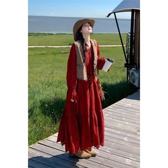 胖MM红色甜酷长袖套装女秋季新款加大码300斤旅游穿搭马甲连衣裙2
