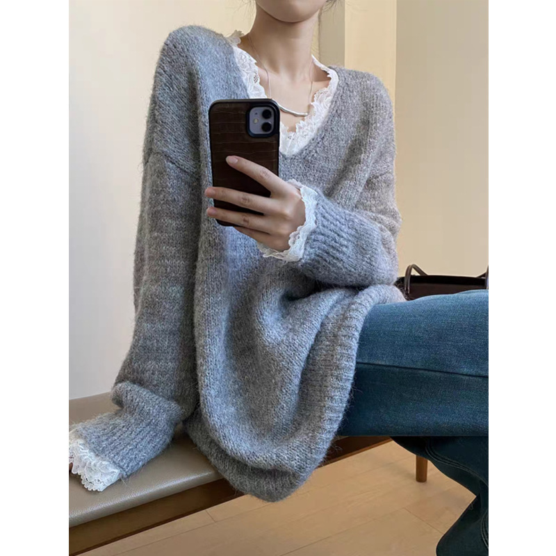 Korean Style Lazy Style Lace Knitted Sweater Women's Loose Pullover Top Autumn and Winter New Women's Clothing
