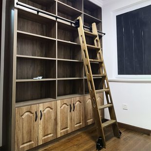 Household Imported Solid Wood Bookcase Ladder Slide Bookshelf Ladder Mobile Straight Ladder Telescopic Push-Pull Foldableing Custom Track Ladder