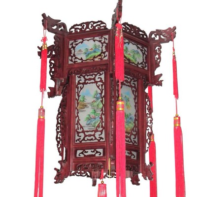 木制宮燈實木宮燈仿古宮燈手工雕刻實木手繪畫雕花宮燈