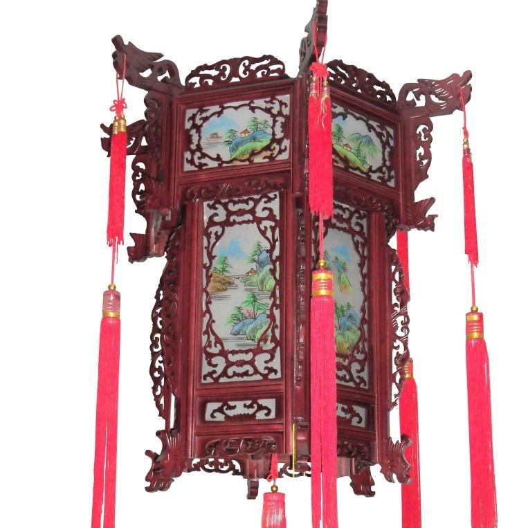 木制宮燈實木宮燈仿古宮燈手工雕刻實木手繪畫雕花宮燈