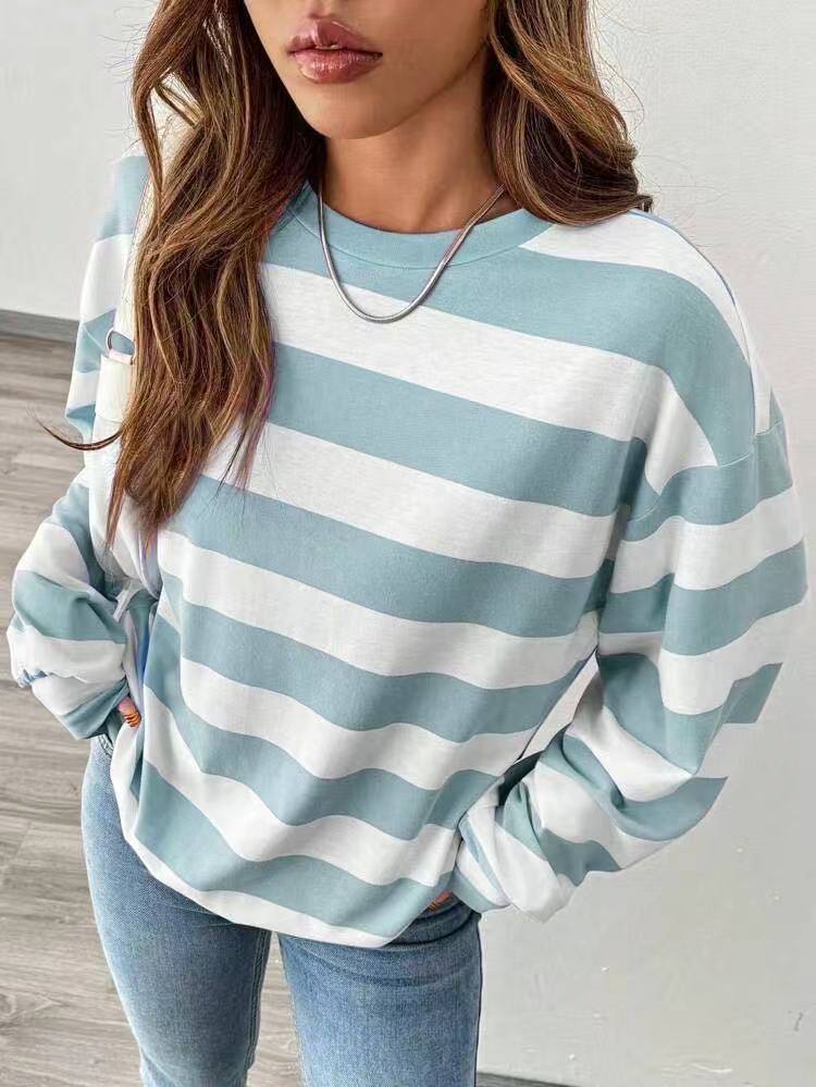 's New Cross-border Loose Striped Long-sleeve T-shirt For Women, Korean Style Versatile Top_ecoleips.com