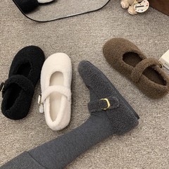 灰色玛丽珍毛毛鞋女冬外穿新款韩版呢子单鞋女平底加绒保暖棉鞋子