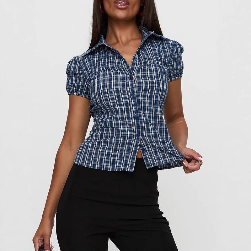 2025 Amazon Cross-Border Button Casual Printed Plaid Top Shirt